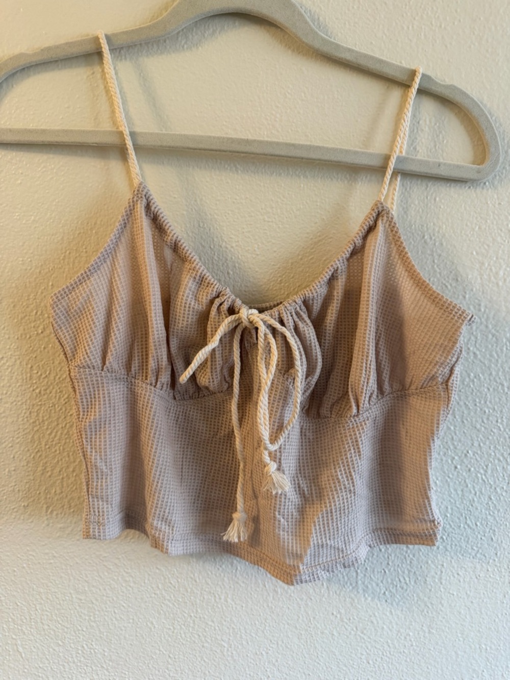 Waffle Knit Tie-Front Cropped Cami in Beige